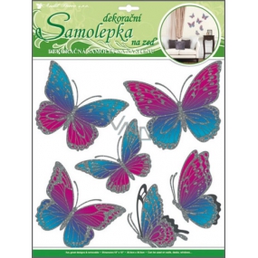 Wandaufkleber rosa-blaue Schmetterlinge mit beweglichen silbernen Flügeln 39 x 30 cm