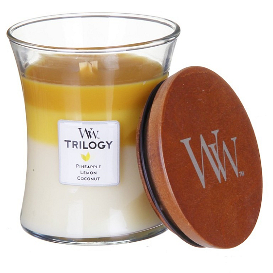 WoodWick Trilogy Früchte des Sommers - Sommerfrucht-Duftkerze mit Holzdocht und Glasdeckel 609,5 g