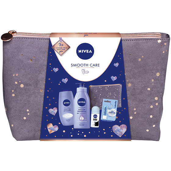 Nivea Smooth Care Körperlotion für Frauen 400 ml + Duschgel 250 ml + Black & White Pure Antitranspirant Roll-on für Frauen 50 ml + Labello Hydro Care Lippenbalsam 4,8 g + Hülle, Kosmetikset