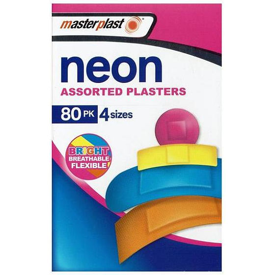Masterplast Neon Assorted Plasters wasserdichtes Pflaster 4 Größen 80 Stück