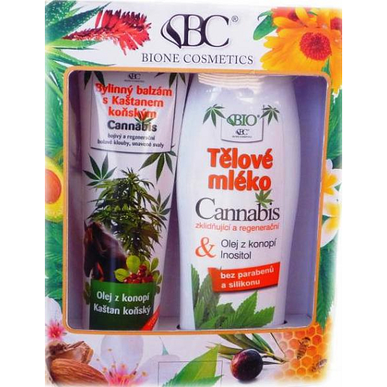 Bione Cosmetics Cannabis Kräuterbalsam mit Rosskastanie 300 ml + regenerierende Körperlotion 500 ml, Geschenkset