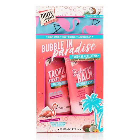 Dirty Works Bubble In Paradise Duschgel 125 ml + Körperlotion 125 ml + Badekappe 1 Stück, Kosmetikset