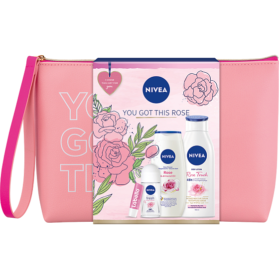 Nivea You Got This Rose Fresh Rose Touch Antitranspirant 50 ml + Rose Duschgel 250 ml + Rose Touch Körperlotion 400 ml + Labello Soft Rosé Lippenbalsam 4,8 g + Kosmetiktasche, Kosmetikset für Frauen