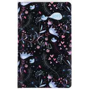 Albi Pocket Diary wöchentlich Schwarze Tapete mit Blumen und Herzen 9,5 cm × 15,5 cm × 1,1 cm