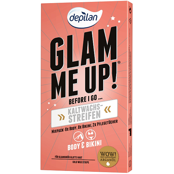 Depilan Glam Me Up! Enthaarungsbänder aus kaltem Wachs 16 Stück und feuchtigkeitsspendende Tücher 2 Stück