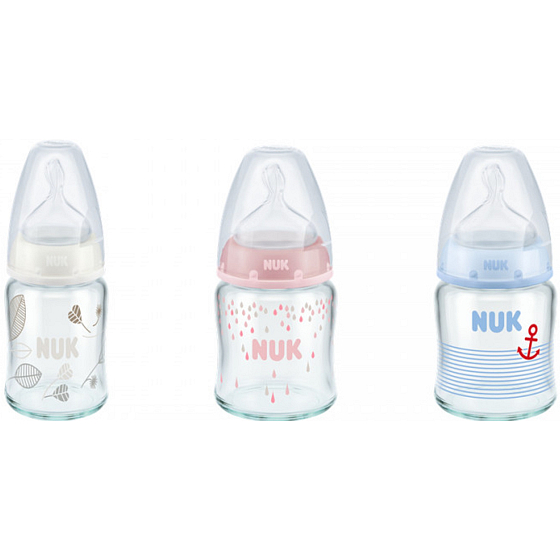 Nuk Glasflasche mit kieferorthopädischem Silikonschnuller 0-6 Monate Größe 1, 120ml 1 Stück in Packung, verschiedene Farben