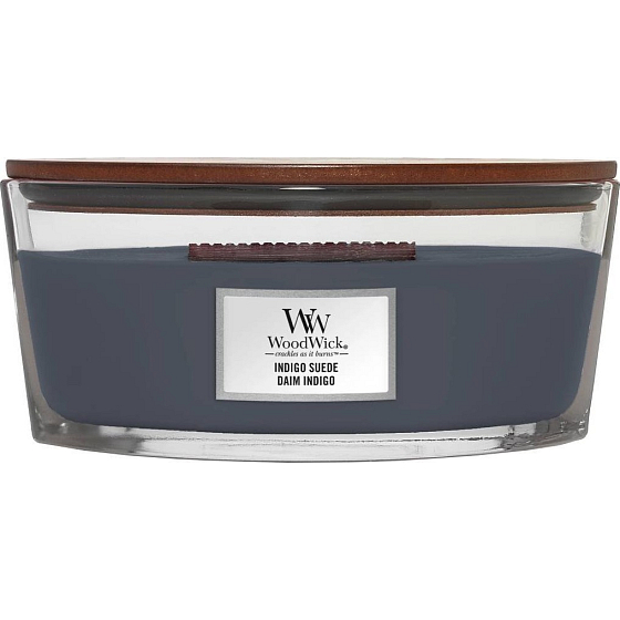 WoodWick Indigo Suede - Blaue Wildleder-Duftkerze mit Holzdocht und Deckel Glasboot 453 g