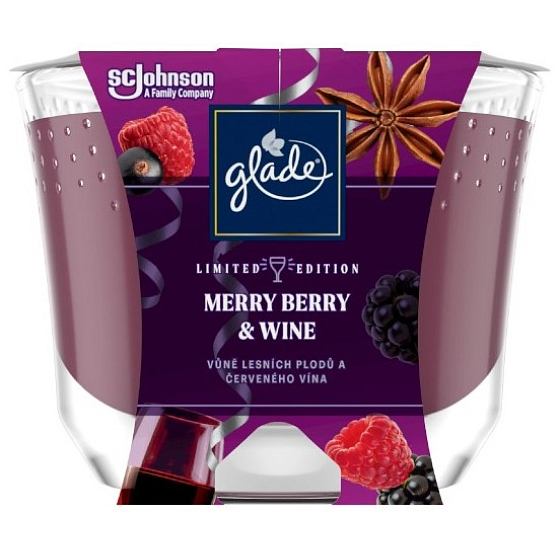 Glade Merry Berry & Wine mit Duft von Waldfrüchten und Rotwein Duftkerze im Glas, Brenndauer bis zu 52 Stunden 224 g