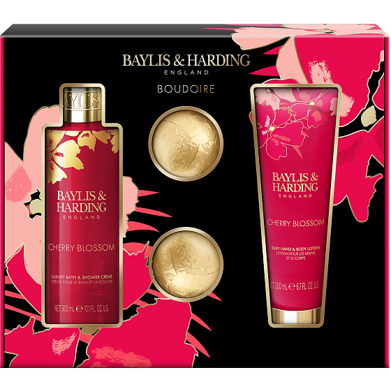 Baylis & Harding Kirschblüten-Duschcreme 300 ml + Körperlotion 200 ml + prickelnde Badekugel 2 x 75 g, Kosmetikset für Frauen