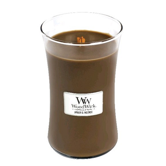 WoodWick Amber & Incense - Duftkerze mit Ambergris und Weihrauch mit Holzdocht und Deckelglas groß 609 g