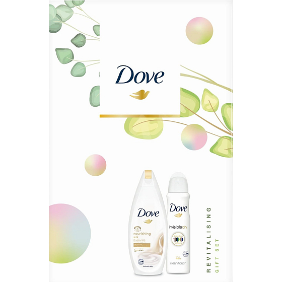 Dove Nourishing Revitalizing Silk Duschgel für Frauen 250 ml + Invisible Dry Clean Touch Antitranspirant Spray 150 ml, Kosmetikset
