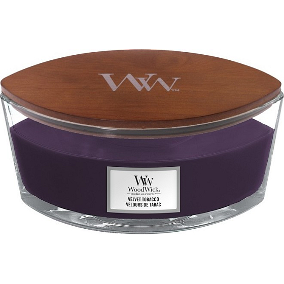 WoodWick Velvet Tobacco - Duftkerze aus Samttabak mit breitem Holzdocht und Deckelglasboot 453 g