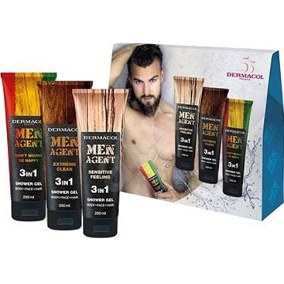 Dermacol Men Agent 3 in 1 Sensitive Feeling Duschgel 250 ml + 3 in 1 Extreme Clean Duschgel 250 ml + 3 in 1 Dont Sorge be happy Duschgel, Kosmetikset für Männer
