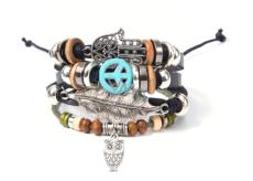 Mehrlagiges Lederarmband, Hippie-Symbol + Eule + Fatimas Hand, größenverstellbar