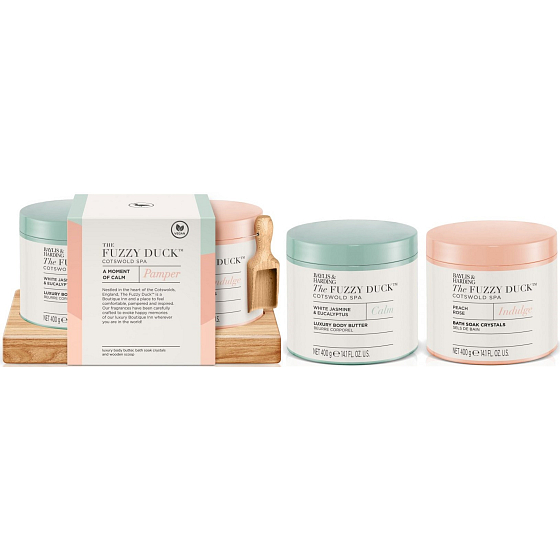 Baylis & Harding Cotswold Spa Jasmin und Eukalyptus, Rose und Pfirsich Badekristalle 400 g + Körperbutter 400 ml, Kosmetikset für Frauen
