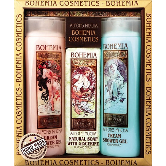 Bohemia Gifts Alfons Mucha Darts und Rosen cremiges Duschgel 200 ml + Aquaminerals cremiges Duschgel 200 ml + Toilettenseife mit Glycerin und Extrakten aus Oliven- und Zitrusblättern 120 g, Kosmetikset