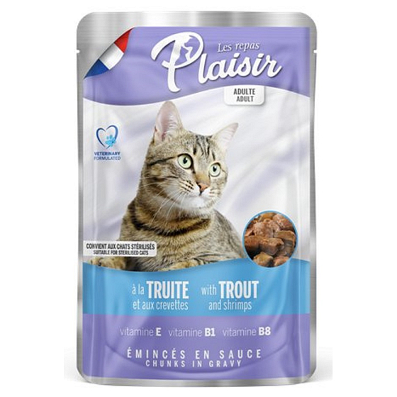 Plaisir Cat mit Forelle und Garnelen, komplettes Katzenfutter im Beutel 100 g