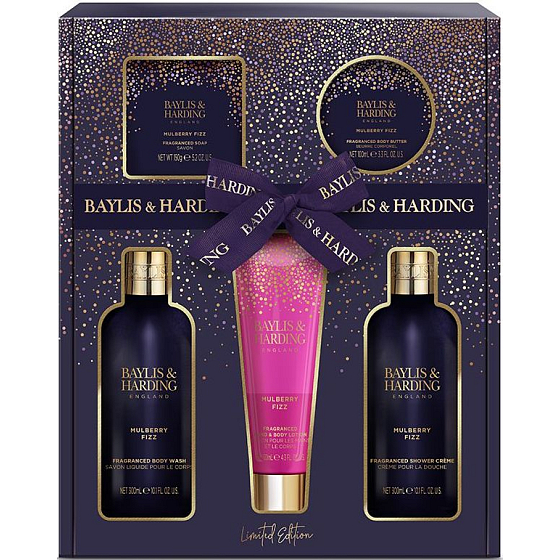 Baylis & Harding Mulberry Waschgel 300 ml + Duschcreme 300 ml + Körper- und Handlotion 130 ml + milde Seife 150 g + Körperbutter 100 ml, Kosmetikset für Frauen