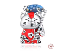 Charm Sterlingové stříbro 925 Japonská kočka Maneki Neko s rybou Koi pro štěstí, přívěsek na náramek cestování