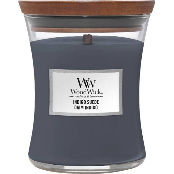 WoodWick Indigo Suede - Blaue Wildleder-Duftkerze mit Holzdocht und Deckel Glas mittel 275 g