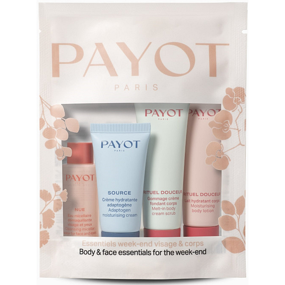 Payot Nue Cleansing micellaire Reinigungwasser 20 ml + Source Adaptogen adaptogene Feuchtigkeitscreme 15 ml + Rituel Douceur sanft exfolierende Körpercreme 20 ml + Rituel Douceur sanfte feuchtigkeitsspendende Körpermilch 25 ml, kosmetische Sets