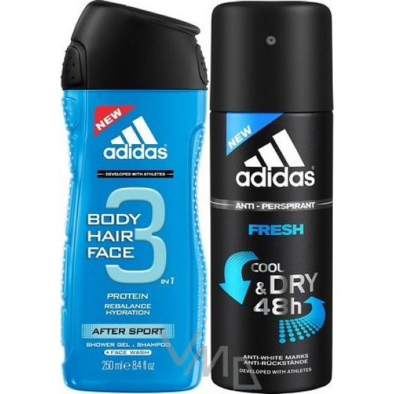 Adidas After Sport Fresh 3 in 1 Duschgel für Körper, Haare und Gesicht für Männer 250 ml + Antitranspirant Deodorant Spray 150 ml, Kosmetikset