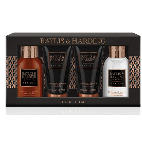 Baylis & Harding Men Flüssigseife aus schwarzem Pfeffer und Ginseng für Körper und Haar 100 ml + Reinigungsgel für Gesicht 50 ml + Aftershave-Balsam 100 ml + Duschgel 50 ml Kosmetikset für Männer