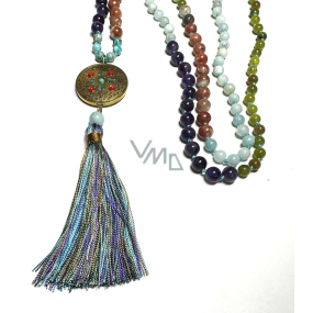 108 Mala 7 Chakra Halskette, Meditationsschmuck, Naturstein, geknüpft, Quaste 9 cm, Perle 6+8 mm