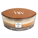WoodWick Trilogy Cafe Sweets - Süßigkeiten zum Kaffee Duftkerze mit breitem Holzdocht und Deckel Boot 453 g