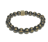 Achat schwarz mit königlichem Mantra Ohm-Armband elastisch Naturstein, Perle 8 mm / 16-17 cm, fügt Rückstoß und Stärke