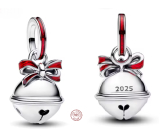 Charm Sterlingové stříbro 925 Vánoční rolnička s červenou mašlí, přívěsek na náramek vánoce