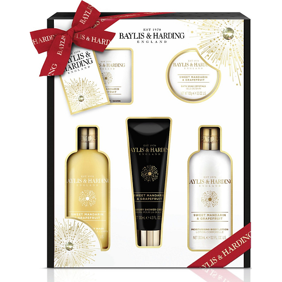 Baylis & Harding Sweet Tangerine und Grapefruit Reinigungsgel 300 ml + Duschcreme 300 ml + Seife 150 g + Körper- und Handlotion 130 ml + Körperbutter 100 ml, Kosmetikset
