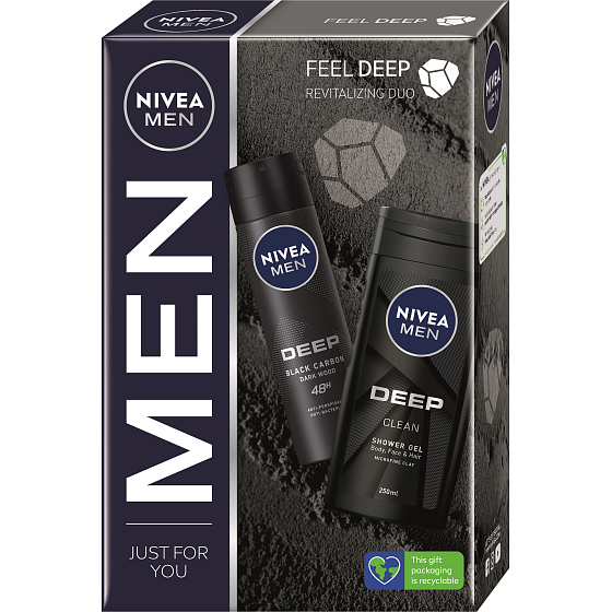 Nivea Men Feel Deep Black Carbon Dark Wood Antitranspirant Spray 150 ml + Deep Clean Duschgel 250 ml, Kosmetikset für Männer