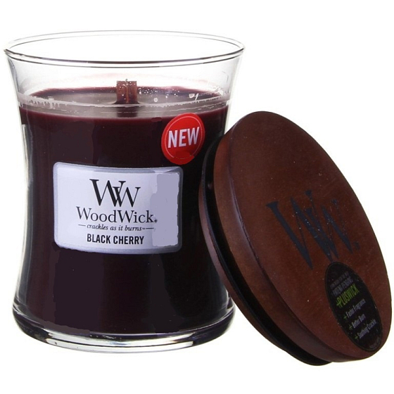 WoodWick Black Cherry - Schwarze Kirsche Duftkerze mit Holzdocht und Deckel Glas klein 85 g