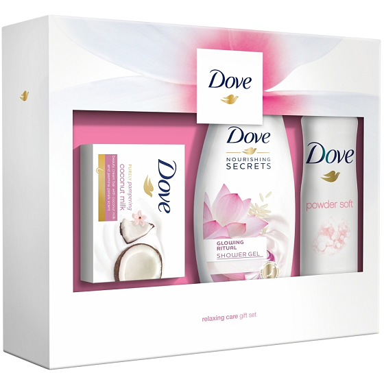 Dove Nourishing Secrets Strahlendes Ritual Lotusblumen- und Reiswasser-Duschgel für Frauen 250 ml + Rein verwöhnende Toilettenseife 100 g + Pulver Weiches Antitranspirant-Deodorant-Spray für Frauen 150 ml, Kosmetikset