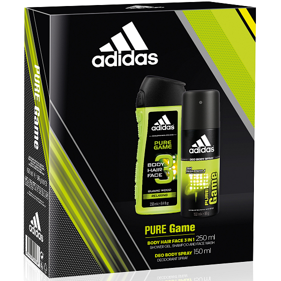 Adidas Pure Game Deodorant Spray für Männer 150 ml + 3 in 1 Duschgel für Körper, Gesicht und Haare 250 ml, Kosmetikset