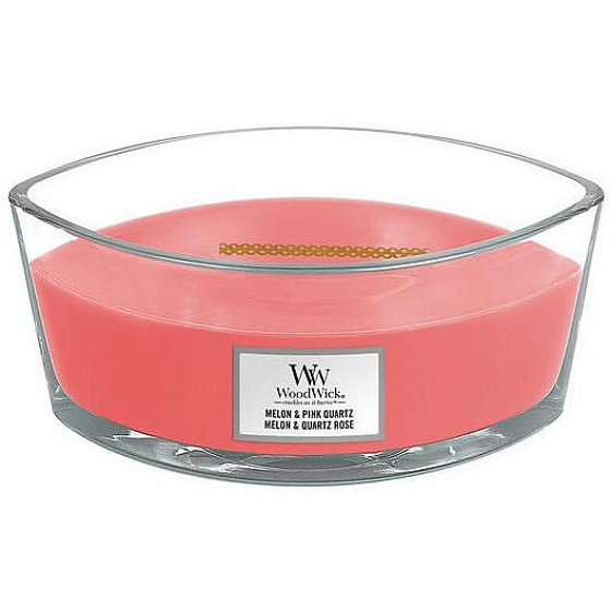 WoodWick Melon & Pink Quartz - Duftkerze mit Wassermelone und rosa Quarz mit breitem Holzdocht und Glasdeckel 453 g