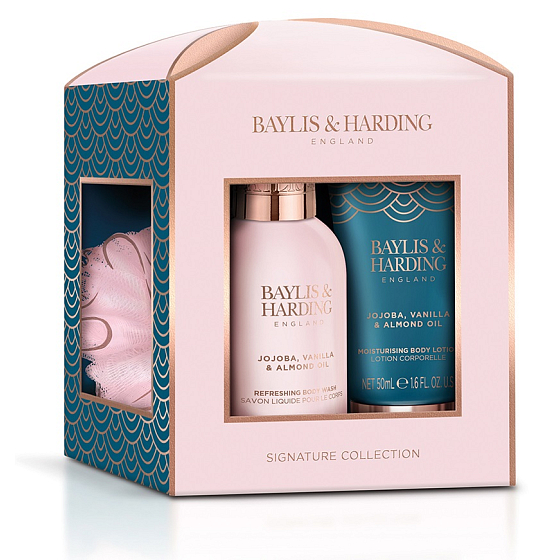 Baylis & Harding Jojoba-, Vanille- & Mandelöl-Körperreinigung 100 ml + Körperlotion 50 ml + Waschlappen, Kosmetikset für Frauen