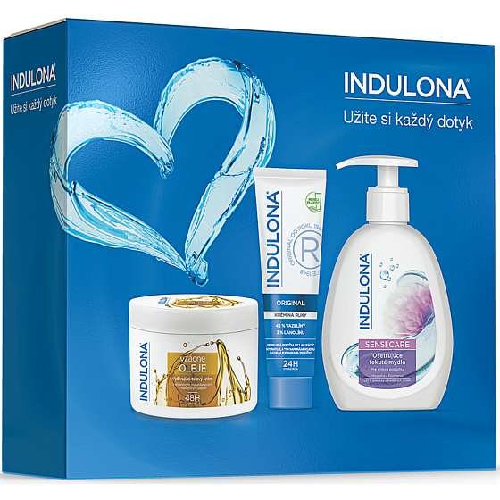 Indulona Original Handcreme 75 ml + Precious oils nährende Körpercreme für trockene Haut 250 ml + Sensi Care Flüssigseife für empfindliche Haut Spender 300 ml, Kosmetikset