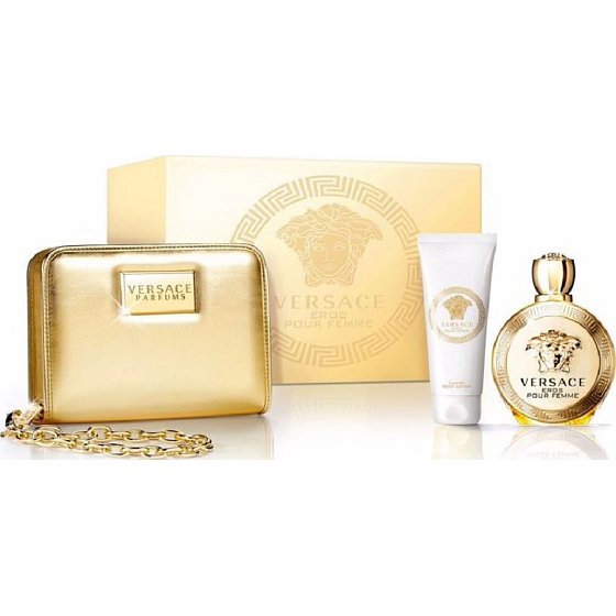 Versace Eros pour Femme Eau de Parfum für Frauen für Frauen 100 ml + Körperlotion 100 ml + Goldhandtasche 1 Stück, Geschenkset