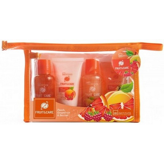 Idc Institute Fruit & Care Peach, Grapefruit & Berries Reiseset Duschgel 70 ml + Shampoo 70 ml + Körperlotion 50 ml + Peeling 50 ml + Etui, Kosmetikset
