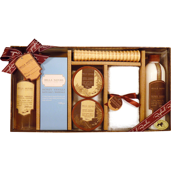 Raphael Rosalee Cosmetics Honig- und Vanille-Duschgel 260 ml + Badesalz 100 g + Körperbutter 50 ml + Körperpeeling 50 ml + Körperlotion 260 ml + Massagerolle + Handtuch. kosmetisches Set
