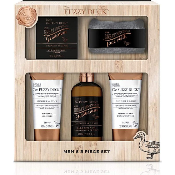 Baylis & Harding Men Ingwer- und Limetten-Reinigungsgel für Körper und Haar 300 ml + Toilettenseife 150 g + Duschgel 130 ml + Aftershave-Balsam 130 ml + Gesichtstuch, Kosmetikset