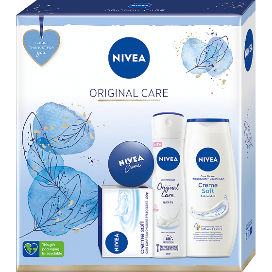 Nivea Original Care Antitranspirant Spray 150 ml + Creme Soft cremige Toilettenseife 100 g + Creme Creme zur Basispflege 30 ml + Creme Soft cremiges Duschgel 250 ml, Kosmetikset für Frauen