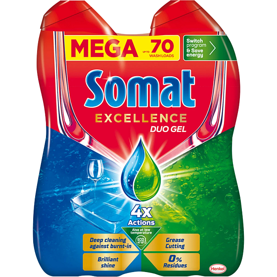 Somat Excellence Duo Gel Fettschneidendes Spülmaschinengel für perfekte Sauberkeit und strahlenden Glanz 70 Dosen 2 x 630 ml, Duopack