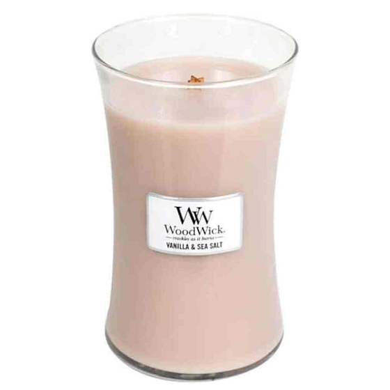 WoodWick Vanille & Meersalz - Vanille- und Meersalz-Duftkerze mit Holzdocht und Deckelglas groß 609,5 g