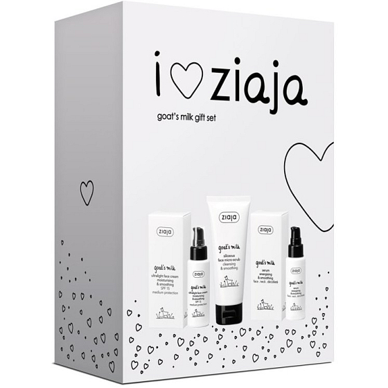 Ziaja Ziegenmilch SPF15 ultraleichte Hautcreme 50 ml + energetisierendes und glättendes Serum 50 ml + Hautmikropeeling 75 ml, Kosmetikset