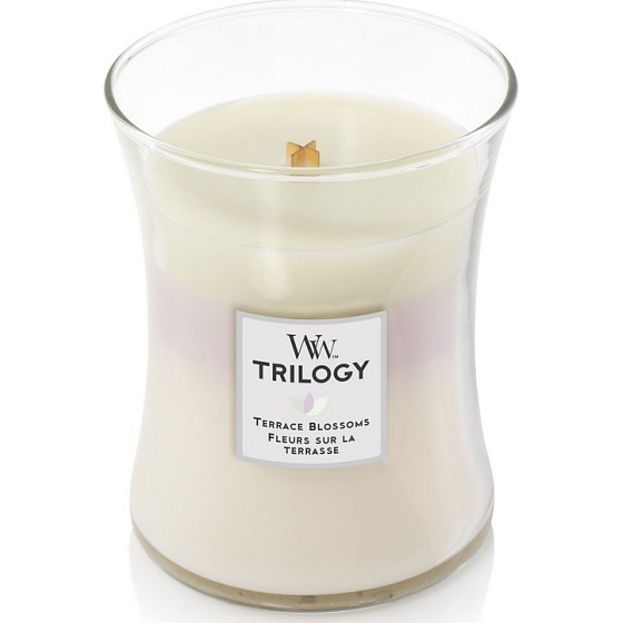 WoodWick Trilogy Terrace Blossoms - Blühende Terrassen-Duftkerze mit Holzdocht und Deckelglas Medium 275 g