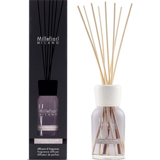 Millefiori Milano Naturkakao Blanc & Woods - Diffusor aus weißem Kakao und Holz 250 ml + 8 30 cm lange Stiele für mittelgroße Räume hält mindestens 3 Monate
