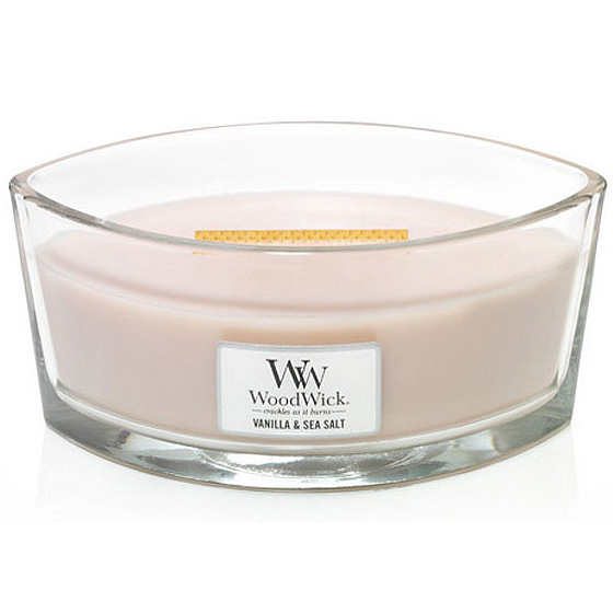 WoodWick Vanille & Meersalz - Vanille- und Meersalz-Duftkerze mit breitem Holzdocht und Deckelglasboot 453 g